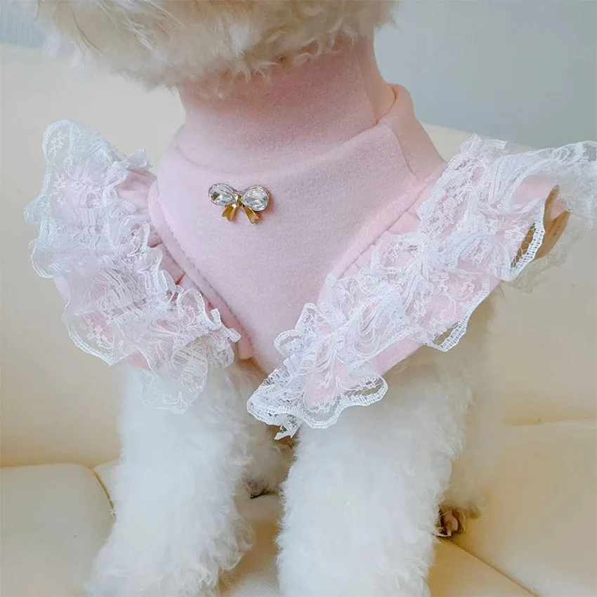 Lace Teddy Lingerie - ペット服秋と冬のベースシャツレースフライングスリーブレディースベースベスト小さなテディベア犬服小型犬用