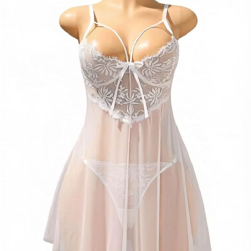 女性用ホワイトレースベビードールランジェリードレス、シアーメ - Babydoll Chemise Night のレビューと価格