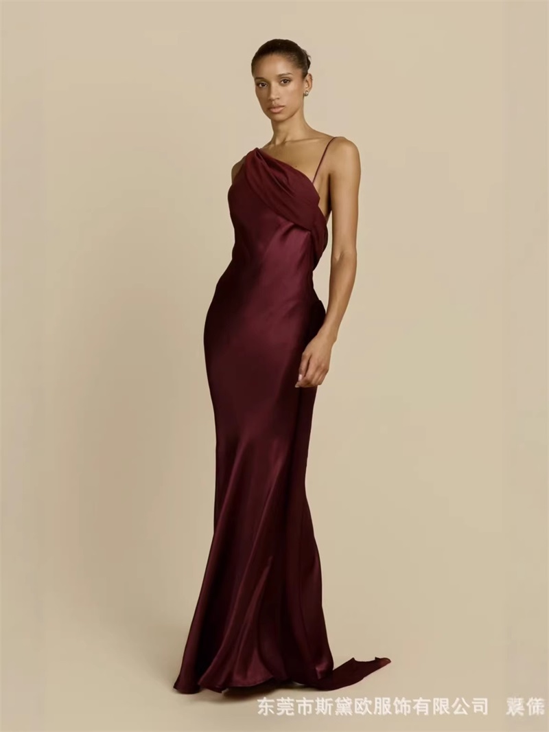 バーガンディ サテン プロムドレス セクシー ワンショルダー - Slip Dress Satin のレビューと価格