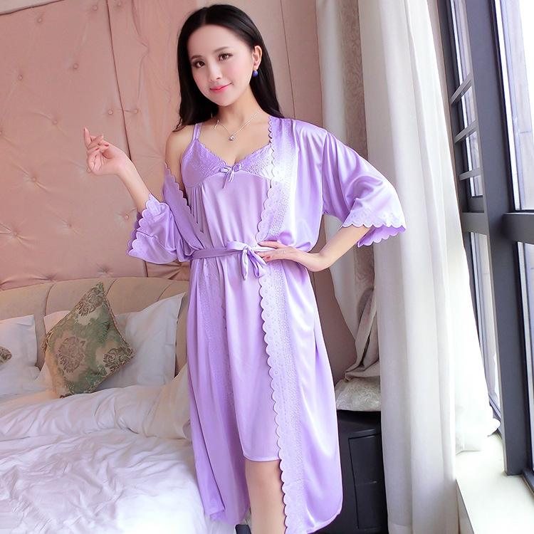 2 ピース/セット女性ナイトウェアアイスシルクサテンナイトガ - Robe Silk Women のレビューと価格